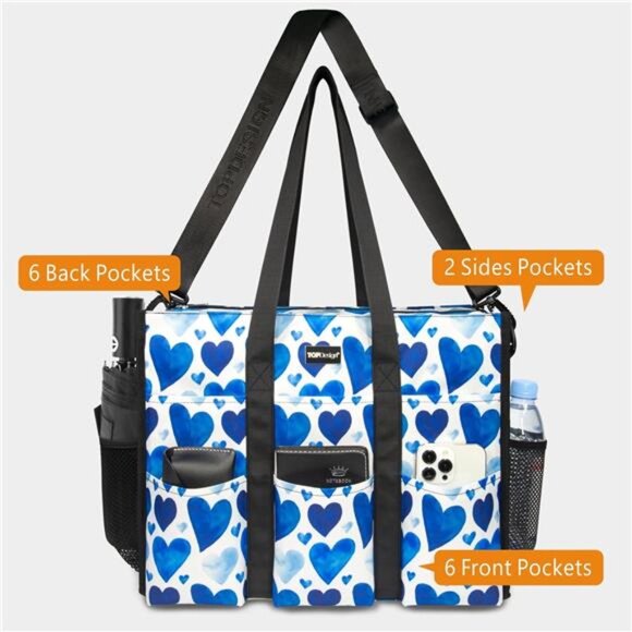 Utility Water Resistant Tote Bag with 22 Pockets, Top Zipper Closure
